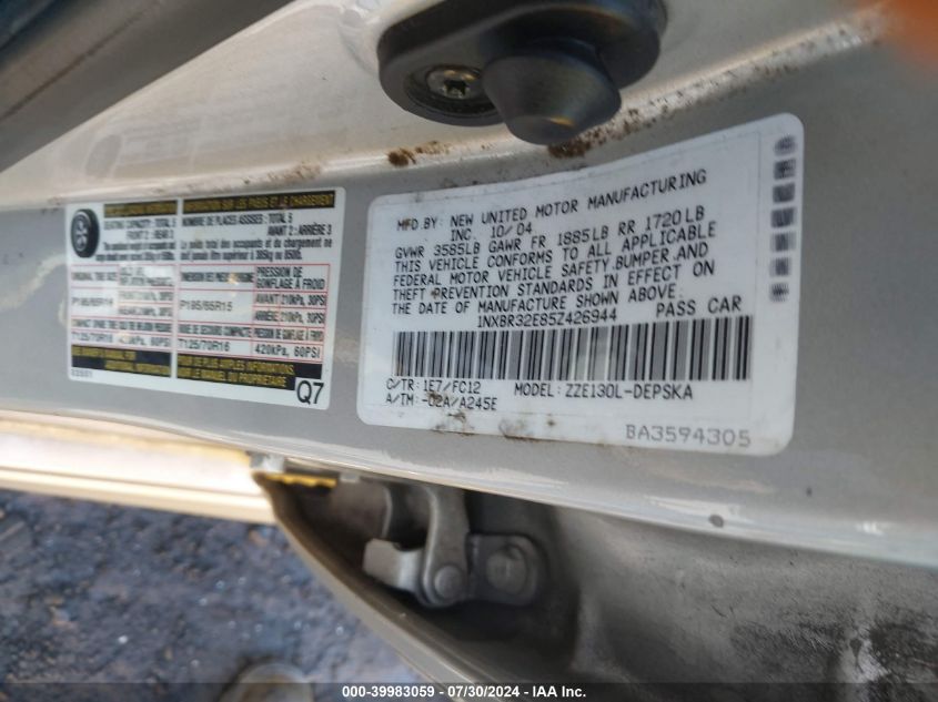 2005 Toyota Corolla S VIN: 1NXBR32E85Z426944 Lot: 39983059