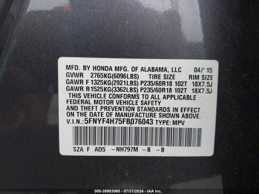 2015 Honda Pilot Ex-L VIN: 5FNYF4H75FB076043 Lot: 39983060