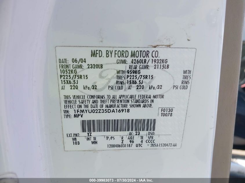 2005 Ford Escape Xls VIN: 1FMYU02Z35DA16918 Lot: 39983073