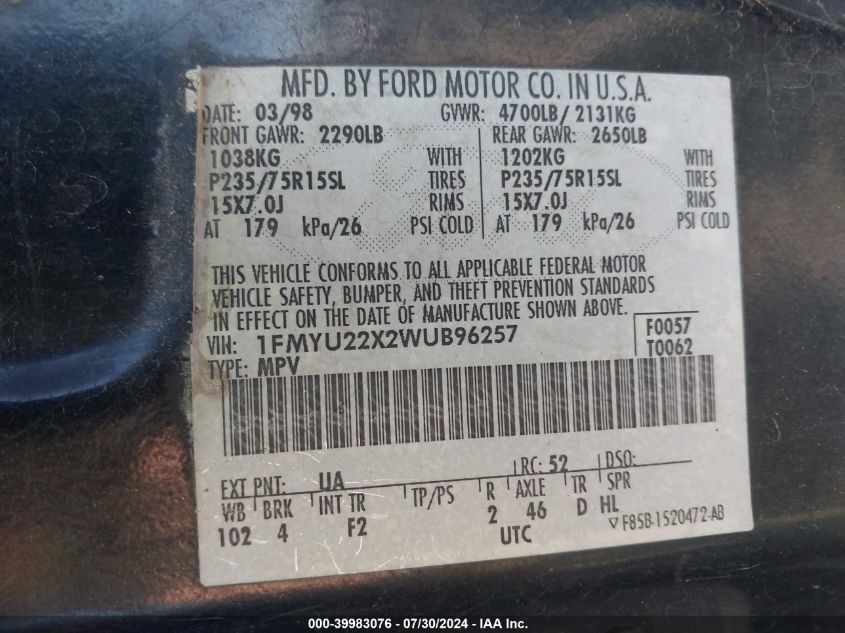 1998 Ford Explorer VIN: 1FMYU22X2WUB96257 Lot: 39983076