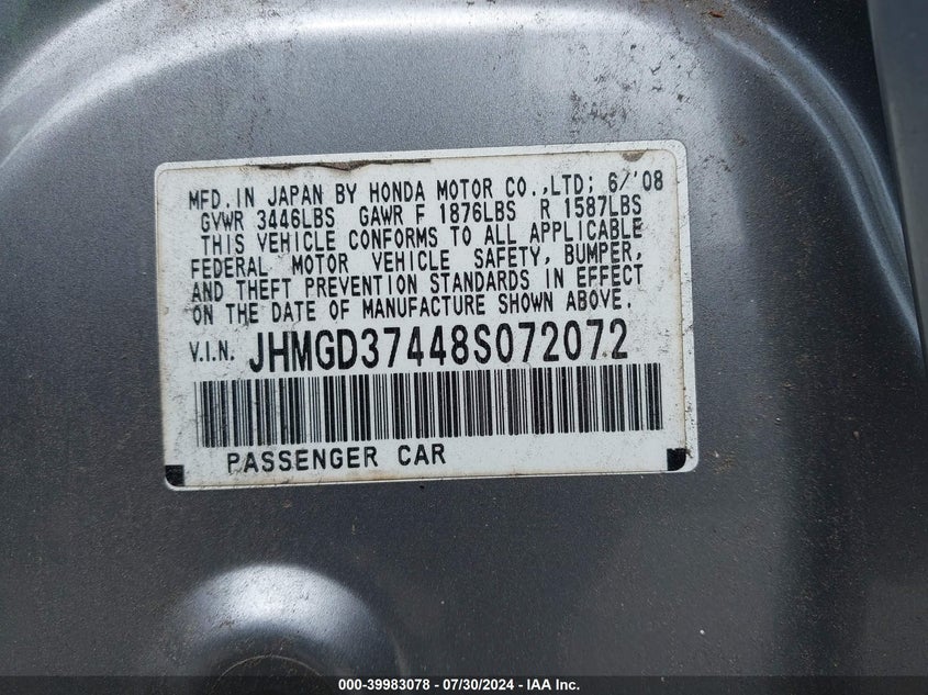 2008 Honda Fit VIN: JHMGD37448S072072 Lot: 39983078