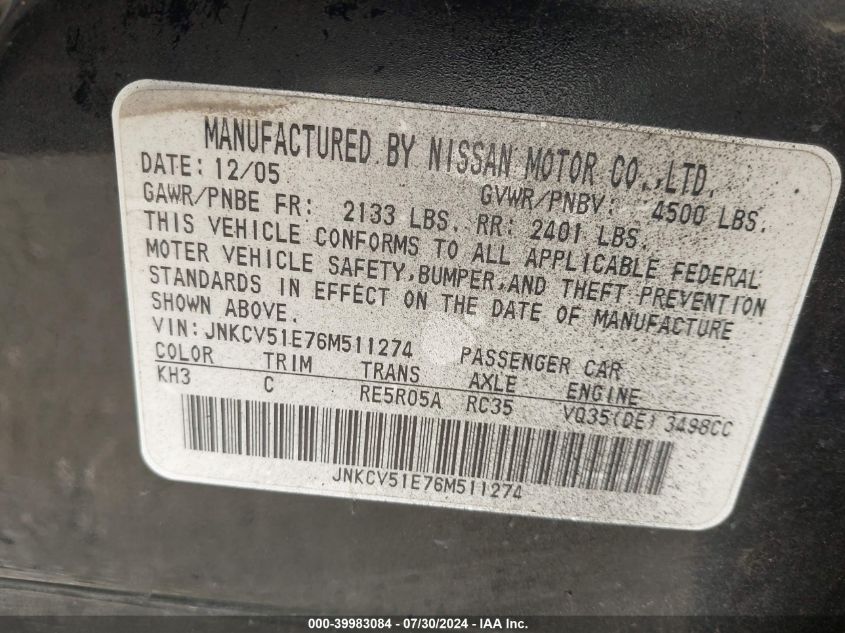 2006 Infiniti G35 VIN: JNKCV51E76M511274 Lot: 39983084