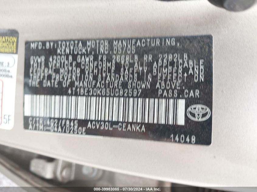 2005 Toyota Camry Le VIN: 4T1BE30K65U082597 Lot: 39983085