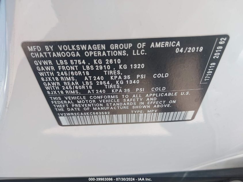 2019 Volkswagen Atlas 3.6L V6 Se W/Technology VIN: 1V2WR2CA0KC563582 Lot: 39983086