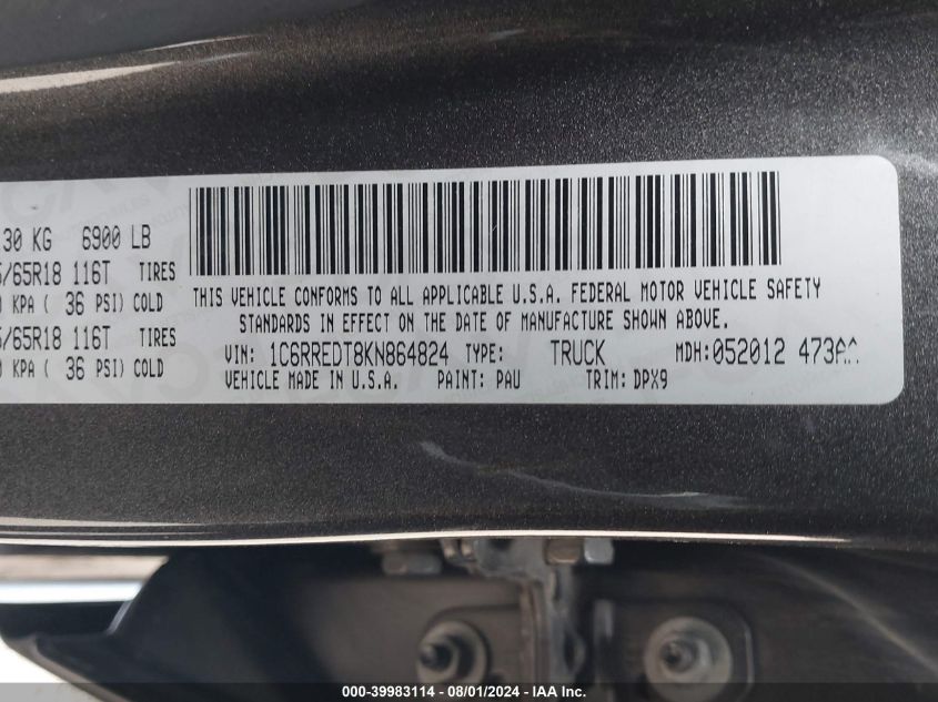 2019 RAM 1500 LARAMIE QUAD CAB 4X2 6'4 BOX - 1C6RREDT8KN864824