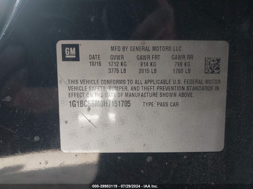 2017 Chevrolet Cruze Ls Auto VIN: 1G1BC5SM0H7151705 Lot: 39983119