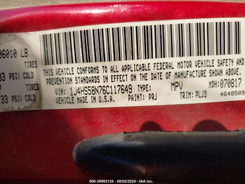 2006 Jeep Grand Cherokee Limited VIN: 1J4HS58N76C117649 Lot: 39983124