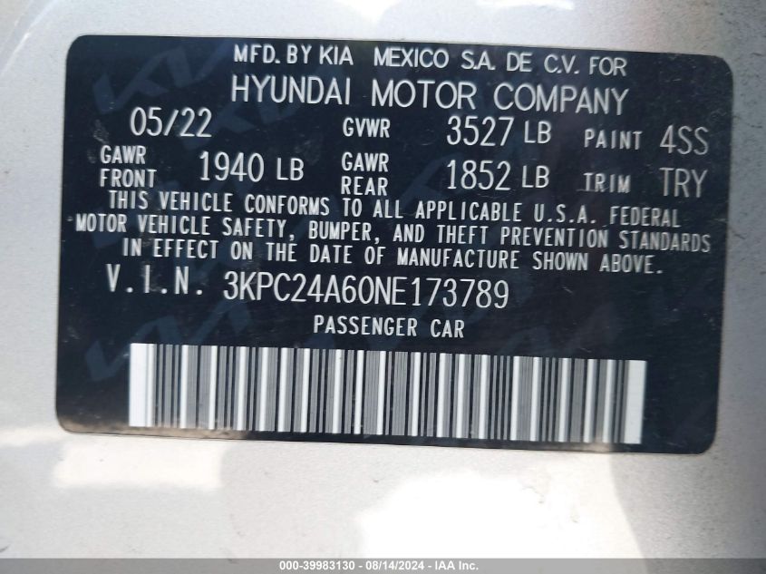 2022 Hyundai Accent Se VIN: 3KPC24A60NE173789 Lot: 39983130