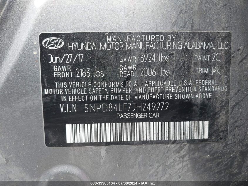 2018 HYUNDAI ELANTRA SEL - 5NPD84LF7JH249272