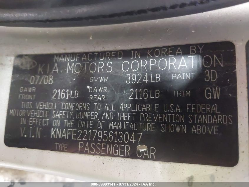 KNAFE221795613047 2009 Kia Spectra Ex