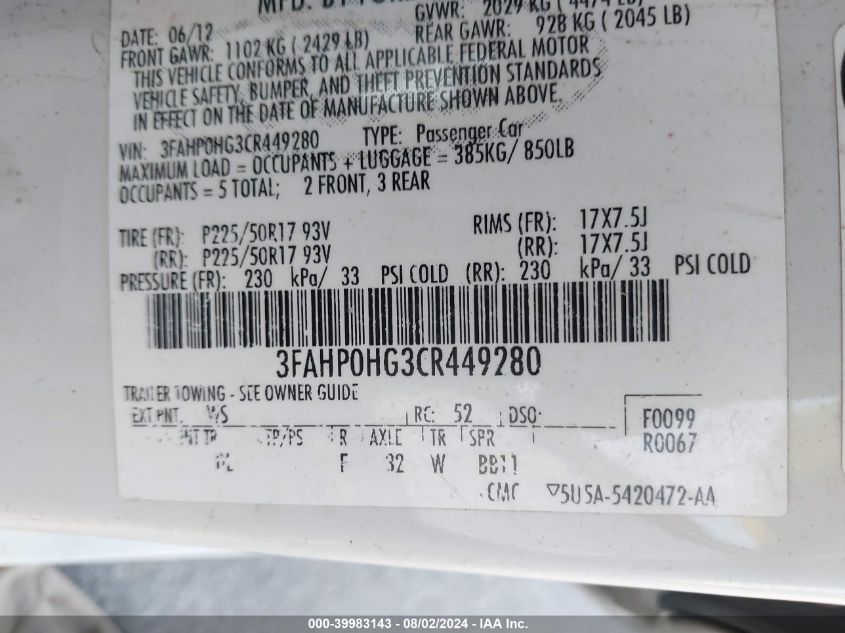 2012 Ford Fusion Se VIN: 3FAHP0HG3CR449280 Lot: 39983143