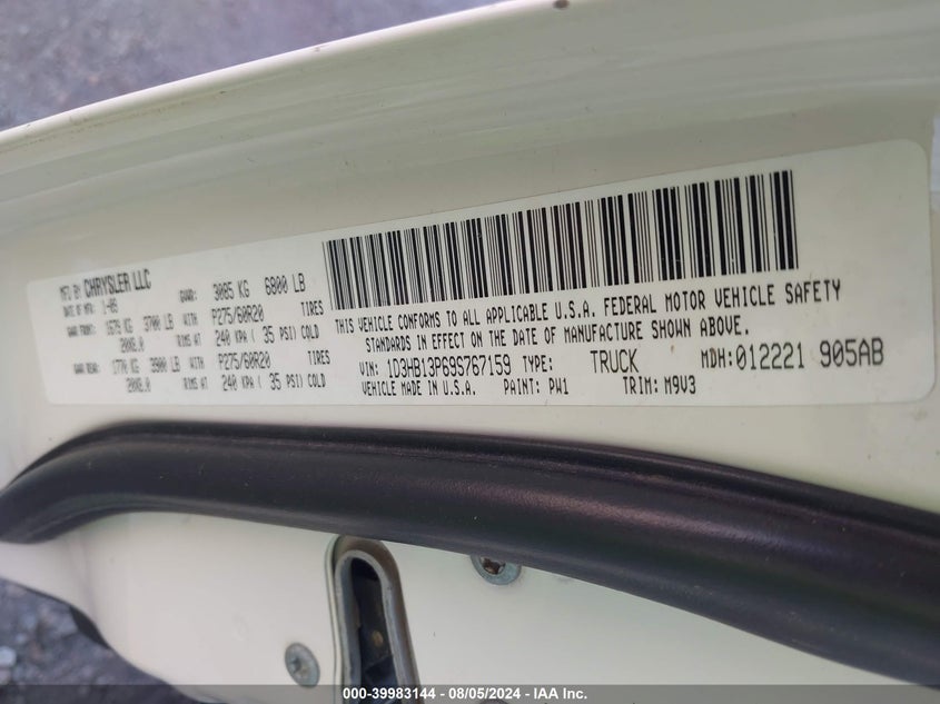 2009 Dodge Ram 1500 Slt/Sport/Trx VIN: 1D3HB13P69S767159 Lot: 39983144