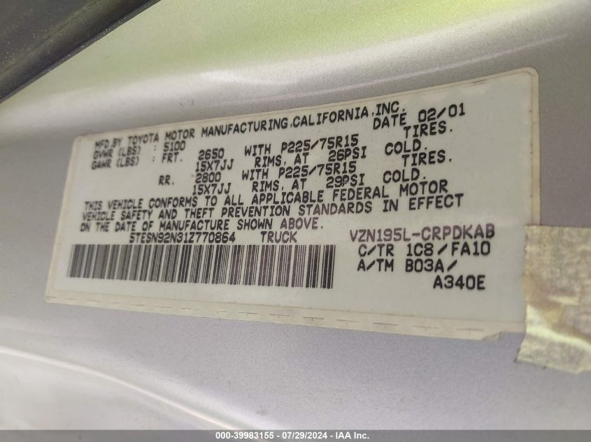 2001 Toyota Tacoma Prerunner V6 VIN: 5TESN92N31Z770864 Lot: 39983155