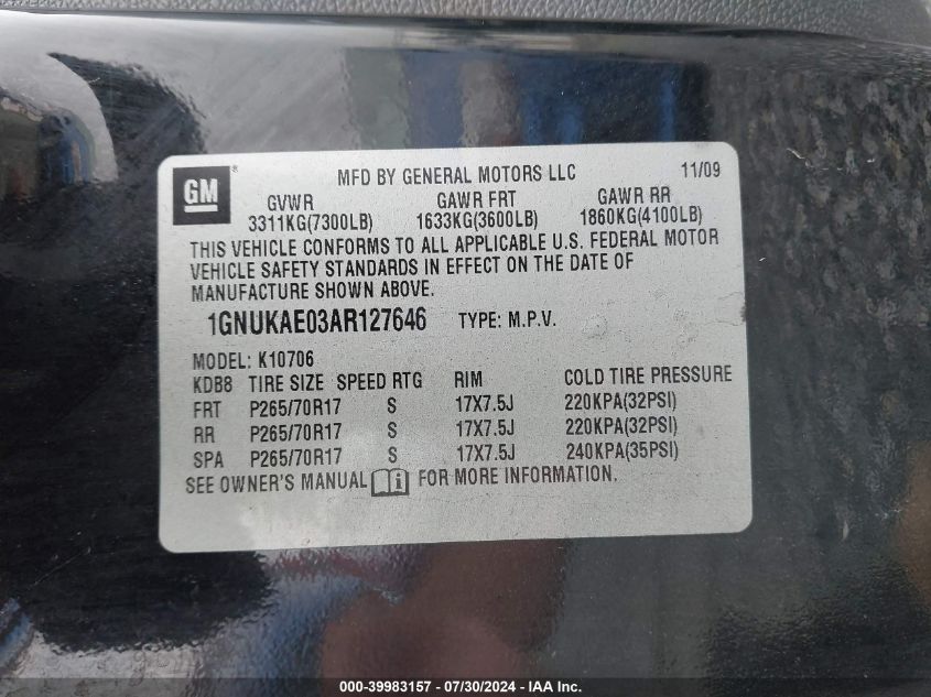 2010 Chevrolet Tahoe K1500 Ls VIN: 1GNUKAE03AR127646 Lot: 39983157