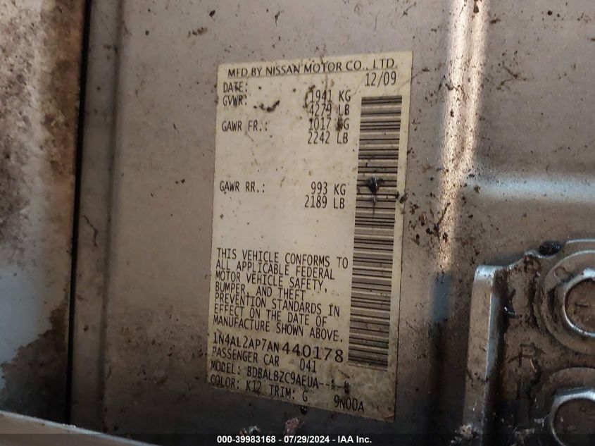 2010 Nissan Altima 2.5 S VIN: 1N4AL2AP7AN440178 Lot: 39983168