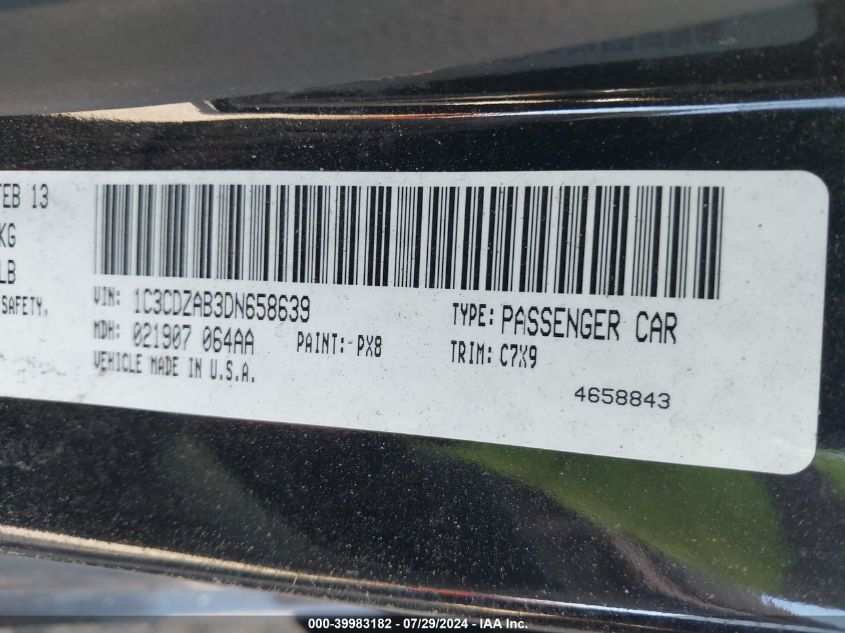 2013 Dodge Avenger Se VIN: 1C3CDZAB3DN658639 Lot: 39983182