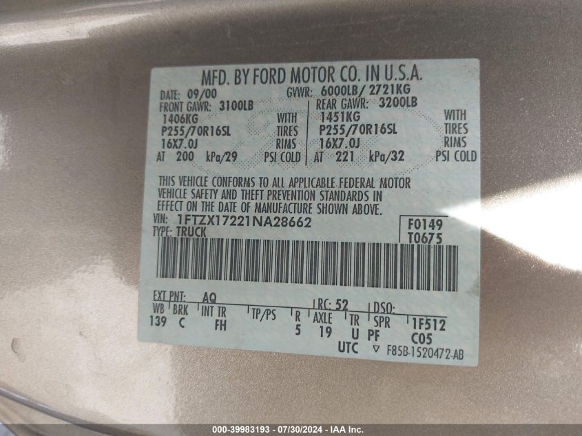 2001 Ford F150 VIN: 1FTZX17221NA28662 Lot: 39983193