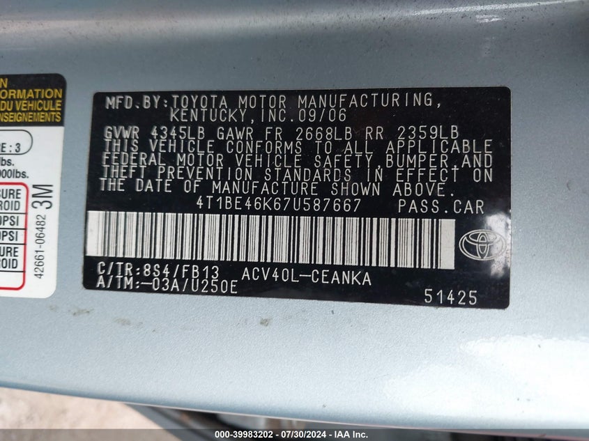 2007 Toyota Camry Ce/Le/Xle/Se VIN: 4T1BE46K67U587667 Lot: 39983202