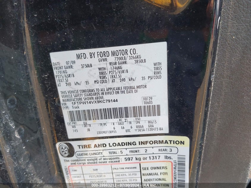 2009 Ford F-150 Fx4 VIN: 1FTPW14VX9KC79144 Lot: 39983212