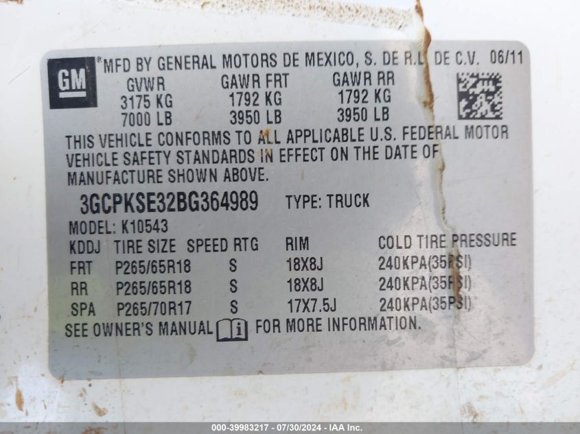 2011 Chevrolet Silverado 1500 Lt VIN: 3GCPKSE32BG364989 Lot: 39983217