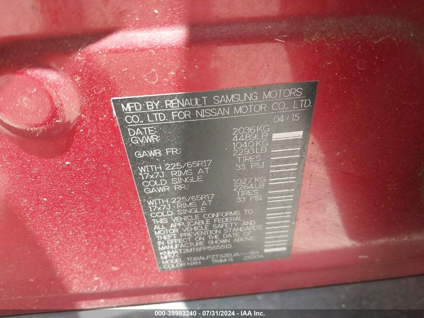 2015 Nissan Rogue S VIN: KNMAT2MT6FP555515 Lot: 39983240