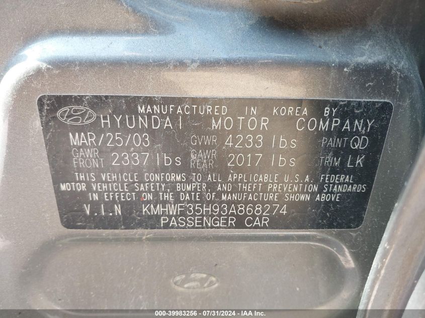 2003 Hyundai Sonata Gls/Lx VIN: KMHWF35H93A868274 Lot: 39983256