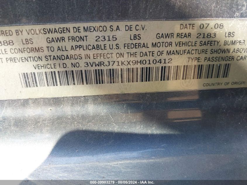 2009 Volkswagen Jetta Wolfsburg VIN: 3VWRJ71KX9M010412 Lot: 39983279