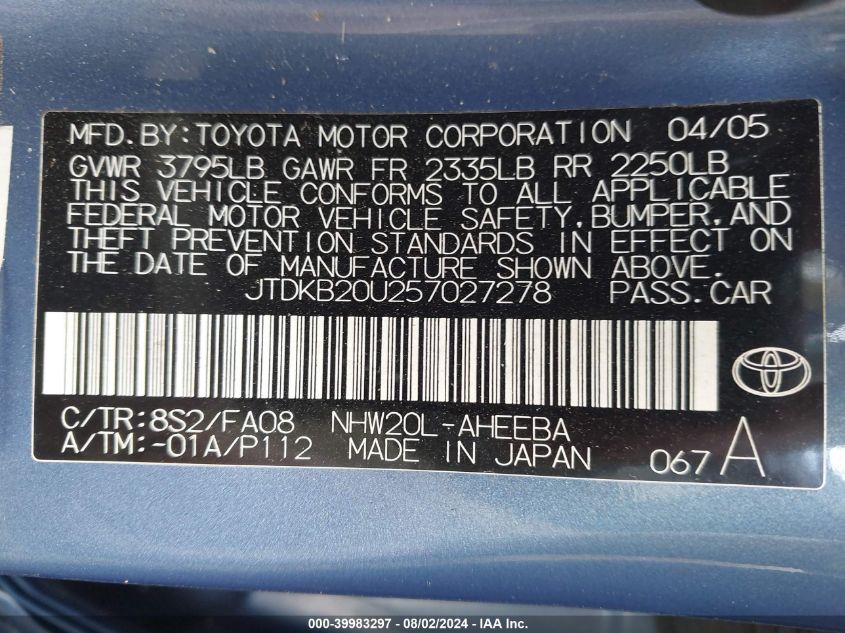 2005 Toyota Prius VIN: JTDKB20U257027278 Lot: 39983297