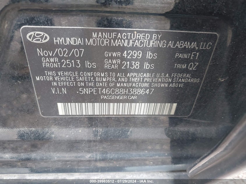 2008 Hyundai Sonata Gls VIN: 5NPET46C88H388647 Lot: 39983512