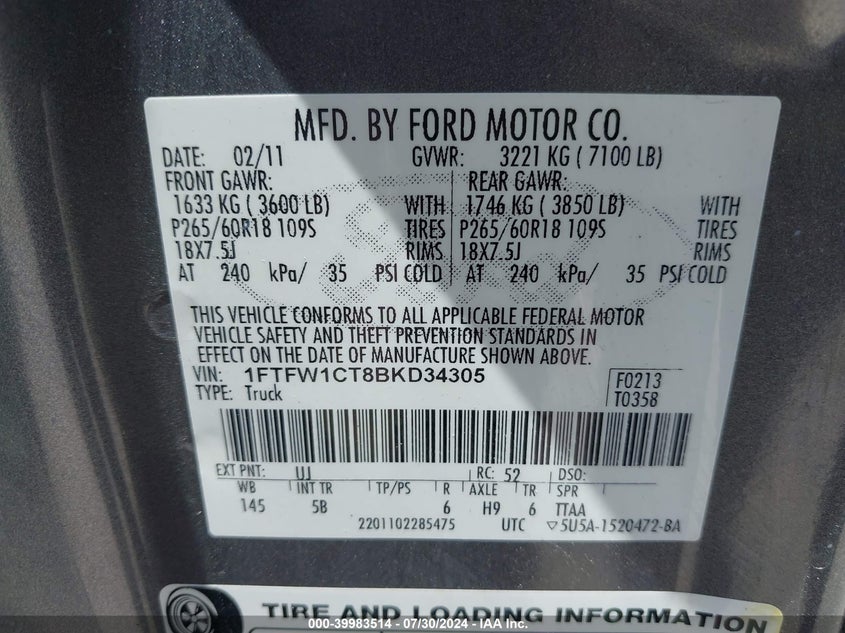 2011 Ford F-150 Fx2 VIN: 1FTFW1CT8BKD34305 Lot: 39983514