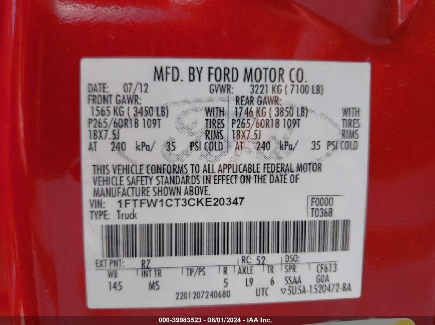 2012 Ford F-150 Xlt VIN: 1FTFW1CT3CKE20347 Lot: 39983523