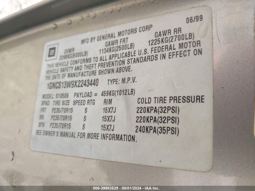 1999 Chevrolet Blazer Lt VIN: 1GNCS13W9X2243440 Lot: 39983529