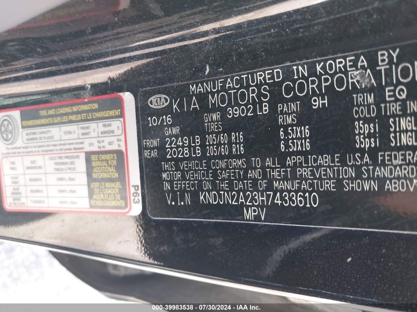 2017 Kia Soul VIN: KNDJN2A23H7433610 Lot: 39983538