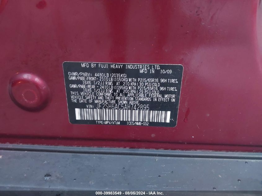2010 Subaru Forester 2.5X VIN: JF2SH6AC5AH742895 Lot: 39983549