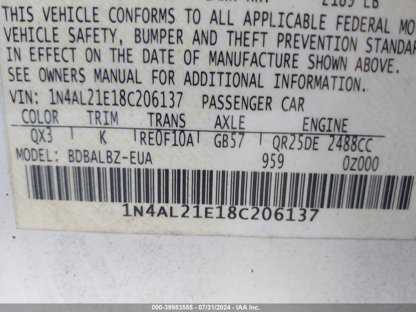 2008 Nissan Altima 2.5/2.5S VIN: 1N4AL21E18C206137 Lot: 39983555