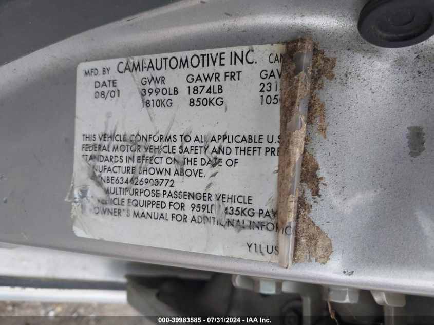 2002 Chevrolet Tracker Hard Top Lt VIN: 2CNBE634626903772 Lot: 39983585