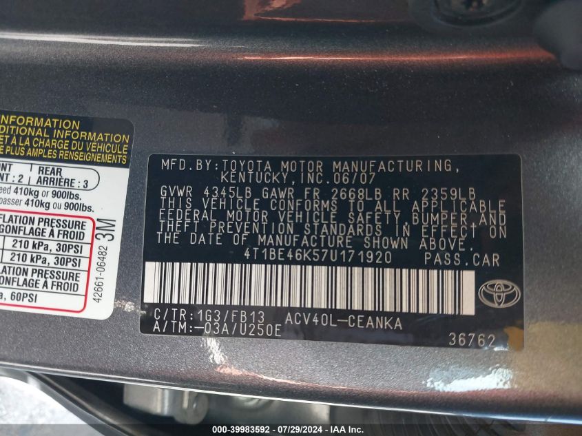 2007 Toyota Camry Le VIN: 4T1BE46K57U171920 Lot: 39983592