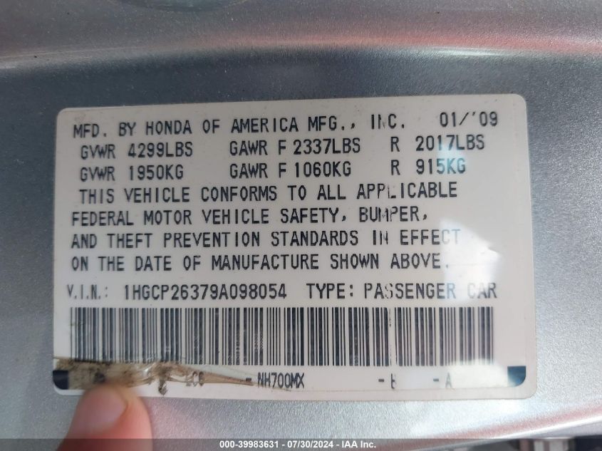 1HGCP26379A098054 | 2009 HONDA ACCORD