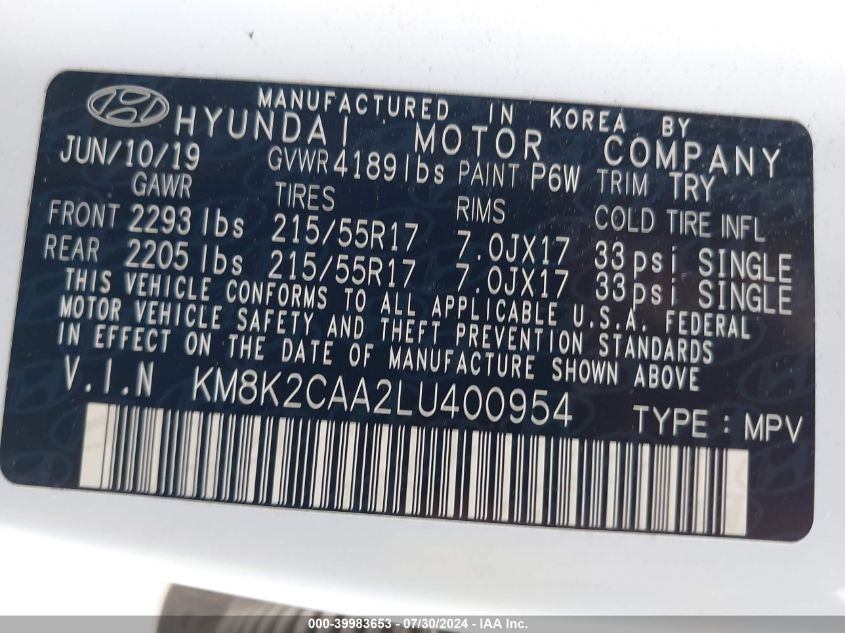 2020 Hyundai Kona Sel VIN: KM8K2CAA2LU400954 Lot: 39983653