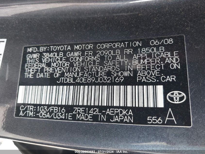 2009 Toyota Corolla Le VIN: JTDBL40E89J032169 Lot: 39983693