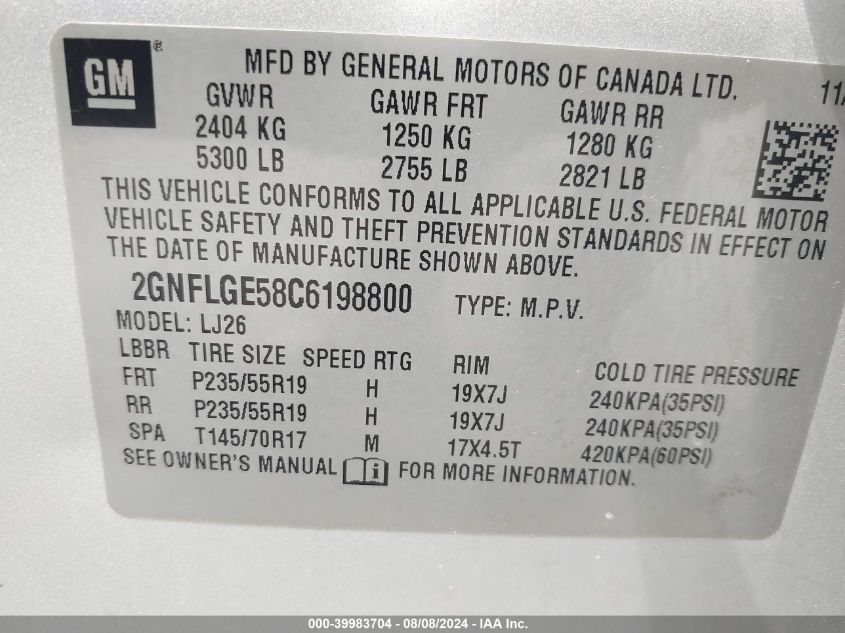 2012 Chevrolet Equinox Ltz VIN: 2GNALFEK2C6310526 Lot: 39983704