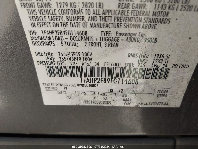 2015 Ford Taurus Limited VIN: 1FAHP2F89FG114608 Lot: 39983706