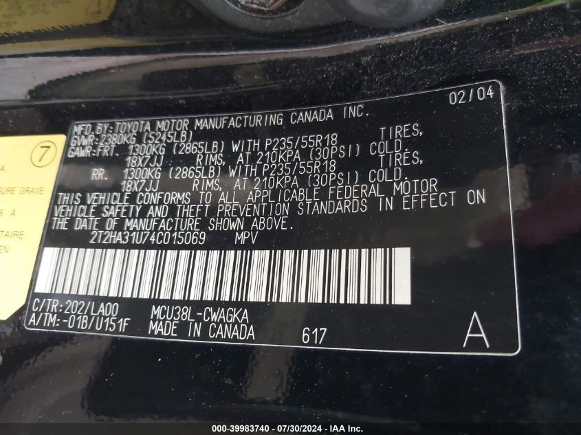 2004 Lexus Rx 330 VIN: 2T2HA31U74C015069 Lot: 39983740