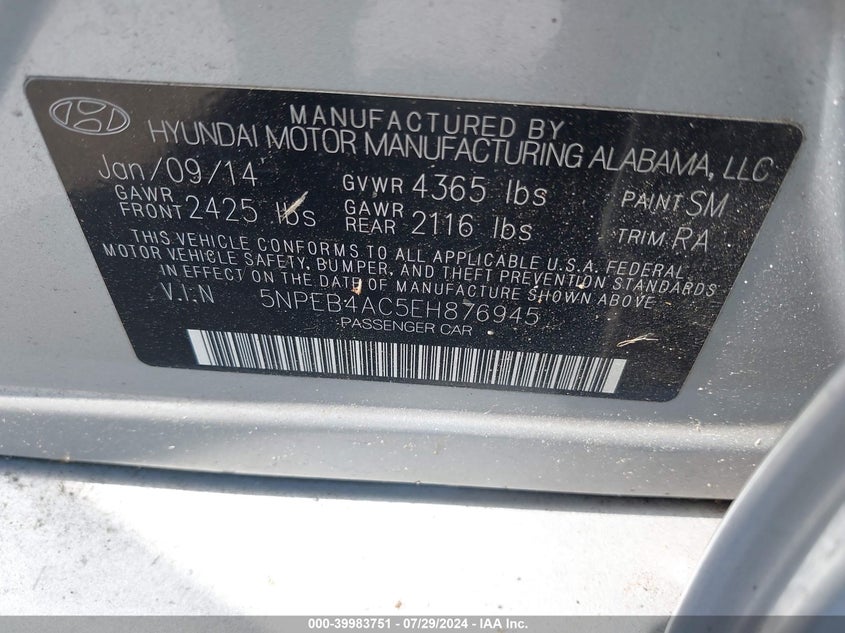 2014 Hyundai Sonata Gls VIN: 5NPEB4AC5EH876945 Lot: 39983751