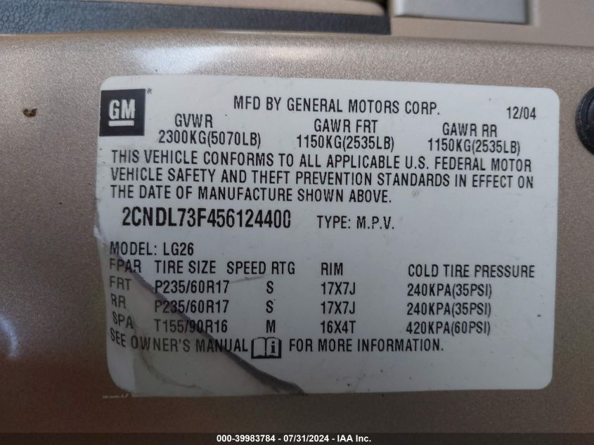 2005 Chevrolet Equinox Lt VIN: 2CNDL73F456124400 Lot: 39983784