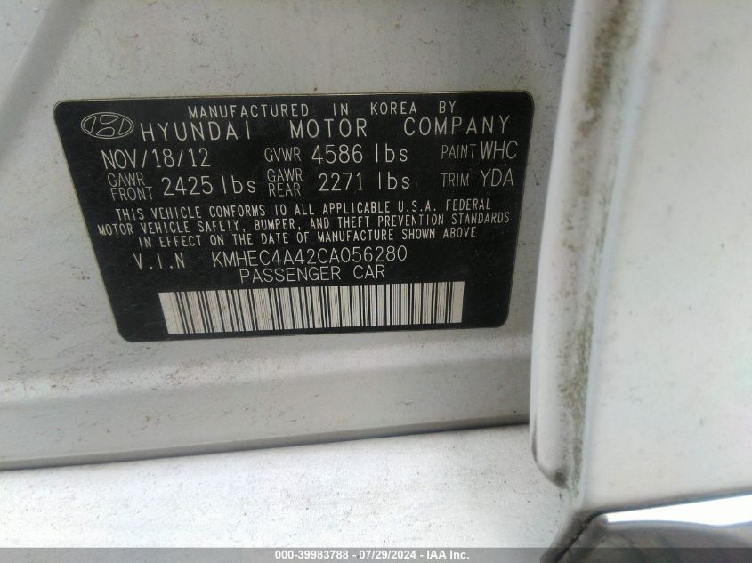 2012 Hyundai Sonata Hybrid Hybrid VIN: KMHEC4A42CA056280 Lot: 39983788