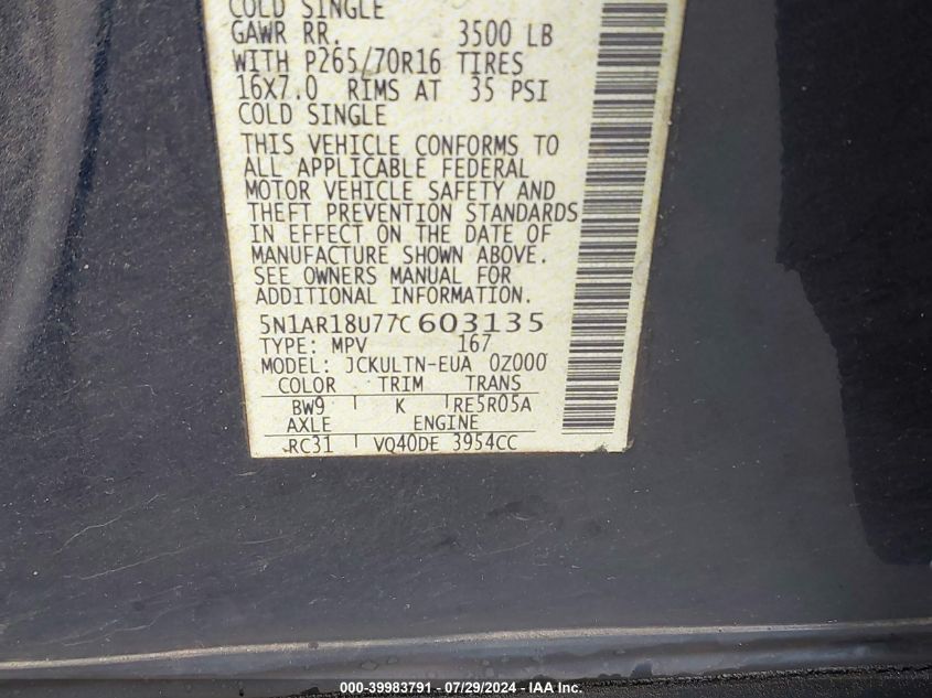 2007 Nissan Pathfinder Se VIN: 5N1AR18U77C603135 Lot: 39983791