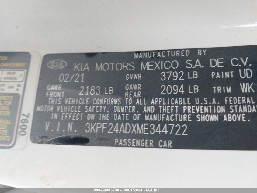 2021 Kia Forte Fe VIN: 3KPF24ADXME344722 Lot: 39983798