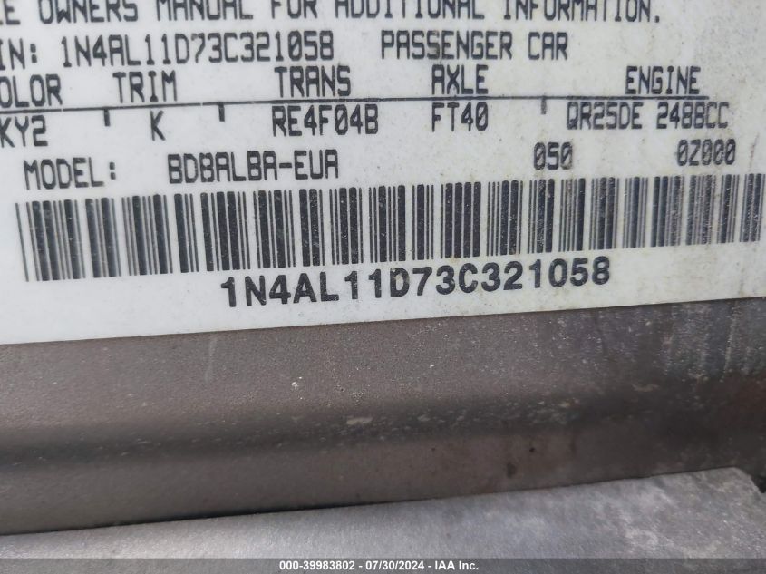 2003 Nissan Altima 2.5 S VIN: 1N4AL11D73C321058 Lot: 39983802