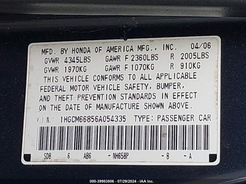 2006 Honda Accord Sdn Ex-L V6 With Navi VIN: 1HGCM66856A054335 Lot: 39983806